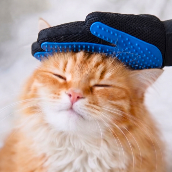 Ginger long-haired cat with eyes closed in contentment while being groomed with a blue rubber grooming glove — indoor cat enrichment through regular brushing